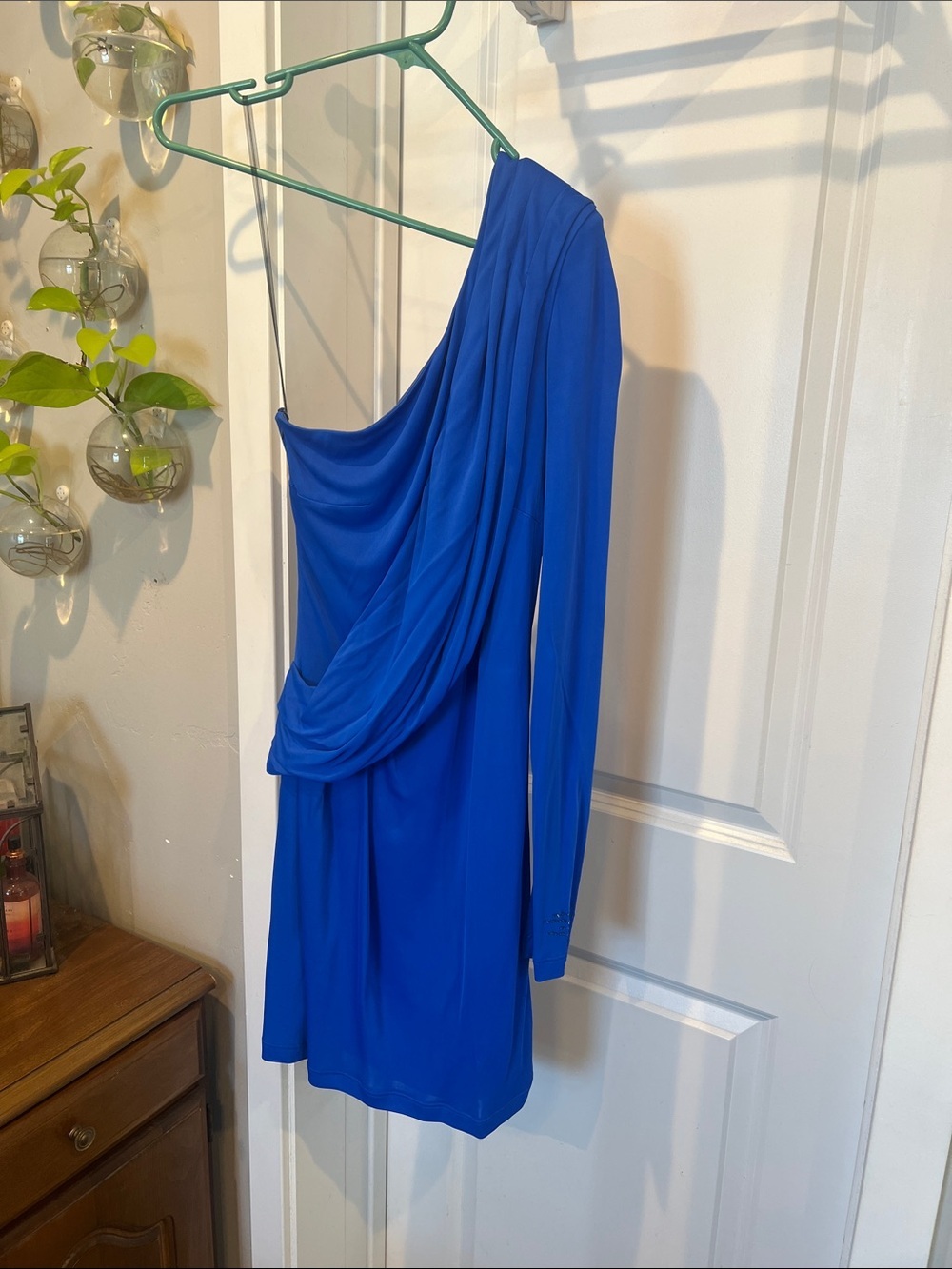 One-Shoulder Draped Mini Dress in Cobalt Blue
